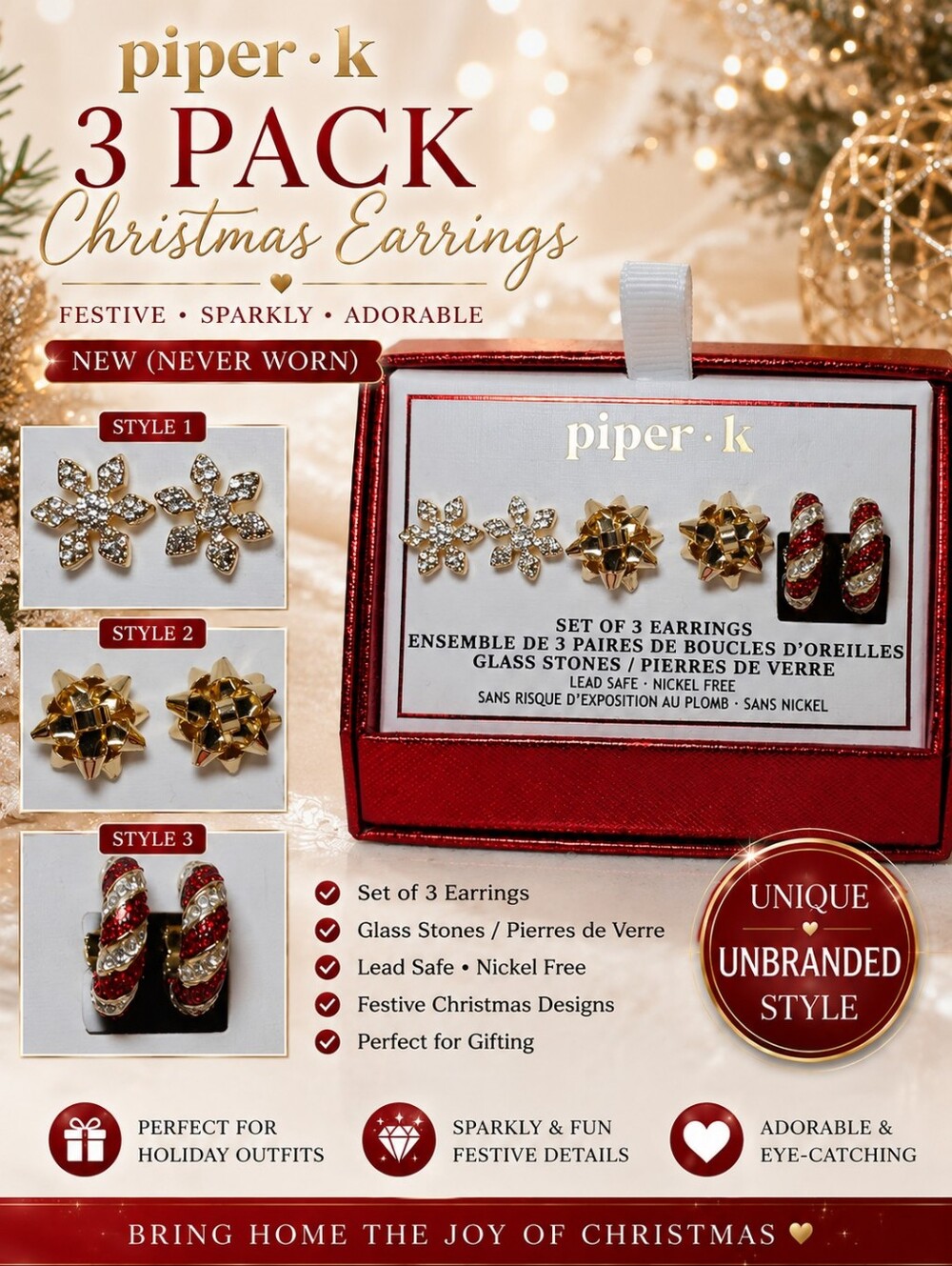 🎄❄️NEW (Never Worn) ADORABLE Piper K 3 Pack Christmas Earrings🎄❄️